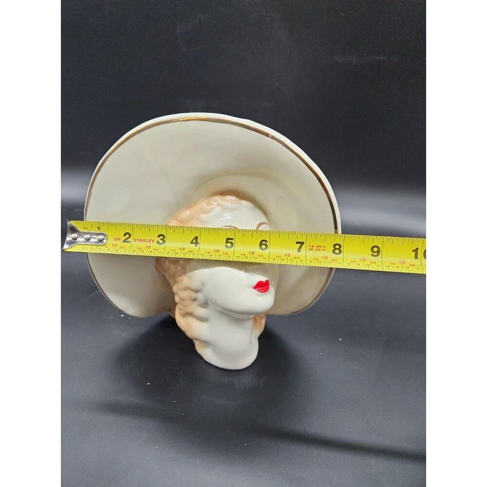 Art Deco Head Vase Blonde Lady Womans Face Large Hat Gold Gilt Red Lips 8